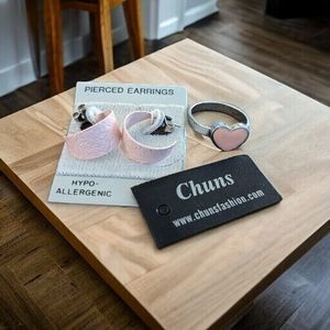 Pink Pierced Dangle Earrings & Chuns Heart Ring Size 8.5 Valentines Day Birthday